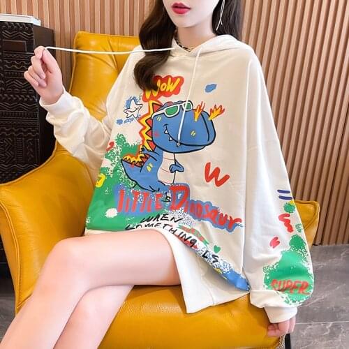 2021 Women Spring Autumn Hoodies Long Sleeve Cartoon Print Soft Thin Loose Design Top Casual Cute Anime Kawaii Hoodie Sweatshirt
