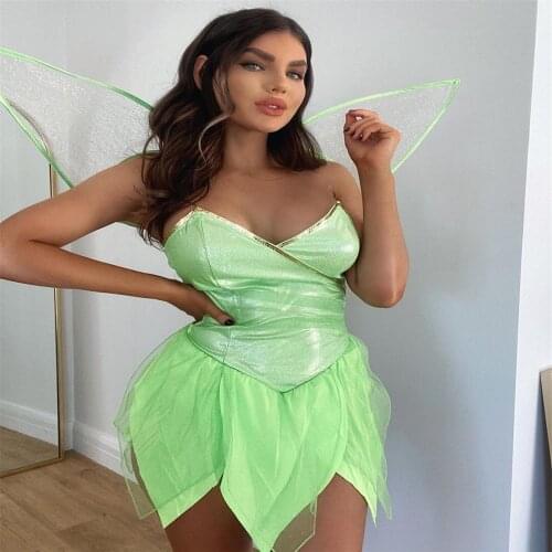 Women Halloween Forest Fairy Cosplay Costume Magical World Pixie Party Sexy Solid Color Sequin Sleeveless Mini Dress With Wings