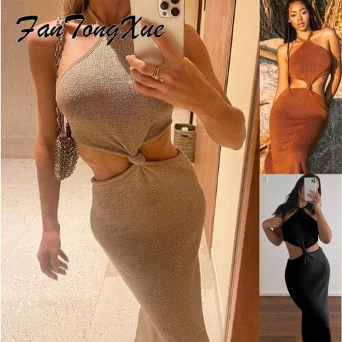 2021 Fall Dresses for Women Solid Open Back Hallow Out Sexy Bodycon Dress Women Sheath Halter Above Knee Brief Party Dress