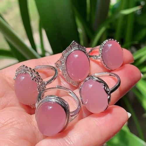 1PC Healing Jewelry Natural Crystal Rings for Women Pink Stone Oval Flower Rose Agates Chalcedony Adjustable Ring Party Wedding
