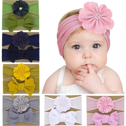 2pcs/set Solid Color Handmade Flowers Toddler Elastic Hairband Infant Soft Comfortable Nylon Headband Cute Bowknot Kids Headwear