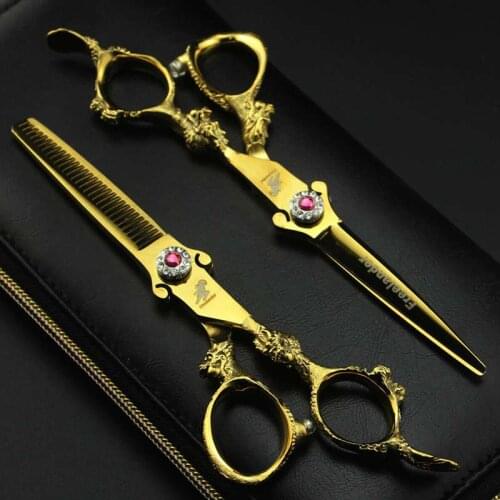 2pcs 6.0" Sharp Blade Hair Scissors Retro Handle Gold Barber Set Salon Cutting Thinning Shears Hairdressing Flat Teeth Blade NEW