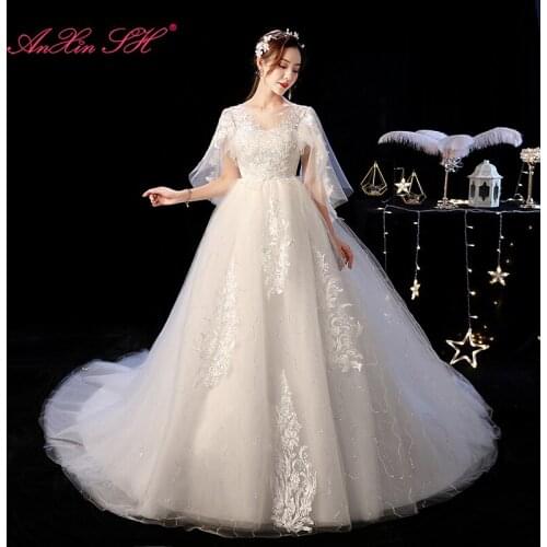 AXJFU princess flower lace white wedding dress vintage o neck batwing sleeve illusion court train turkey bride wedding dress