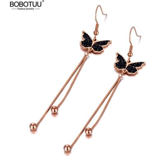 BOBOTUU Bohemia Titanium Stainless Steel Butterfly Animal Earrings Jewelry Fashion Tassel Drop Earrings For Women Girls BE20023