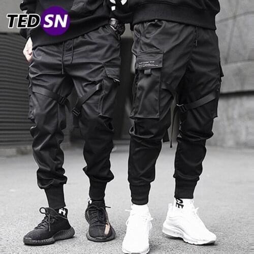 Ribbons Hip Hop Cargo Pants Men Black Pocket Streetwear Harajuku Techwear Pants Trousers Harem Joggers Sweatpants Black