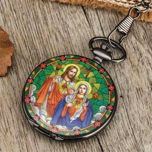 Jesus Virgin Mary Themed Printed Pattern Pocket Watches Fob Chain Pendant Clock Gifts Arabic Numerals Round Dial Retro Watch