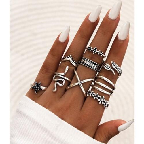 Snake Ring Set for Women Antique Sea Star Charm Geometric Fashion Girls Joint Finger Jewelry Accessories 9Pcs Boho Punk
