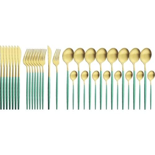 32Pcs Green Gold Matte Dinnerware Stainless Steel Cutlery Set Knives Fork Tea Spoon Dinner Silverware Set Kitchen Tableware Set
