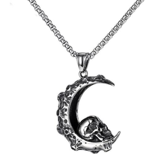 Stainless Steel Vintage Crescent Moon Skull Pendant Necklace Mens Punk Rock Moon Jewelry Gift For Him with Chain