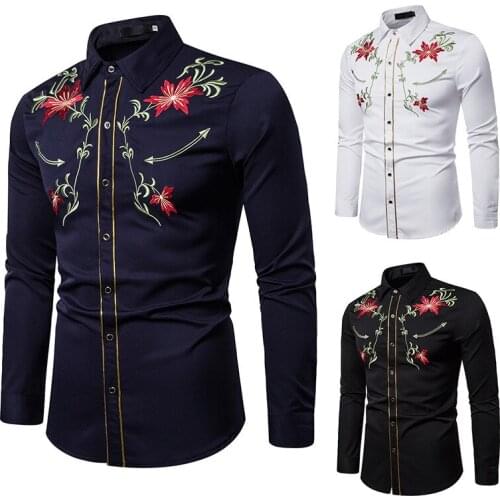 Mens new fashion personality leisure business long sleeve creative embroidery flower shirt wedding best man men shirts