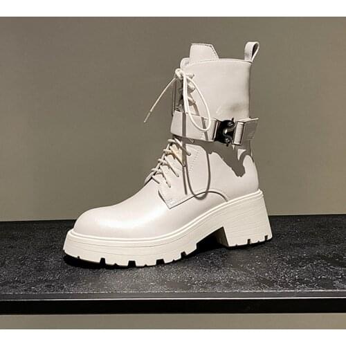 2021 New Martin Boots Winter Genuine Cow Leather Knight Boots Round Toe Thick Heel Platform Shoes Boots Ankle Women Motorcycle