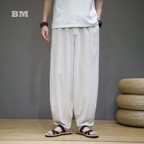 Spring Summer Thin Loose Casual Linen Plus Size Trousers Chinese Style Zen Clothes Japanese Harajuku Wide Pants Men Clothing