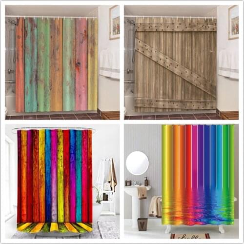 Retro Wooden Stripe Shower Curtains Waterproof Polyester Fabric 3D Conch Starfish Printed Bathroom Curtains Washable Bath Screen