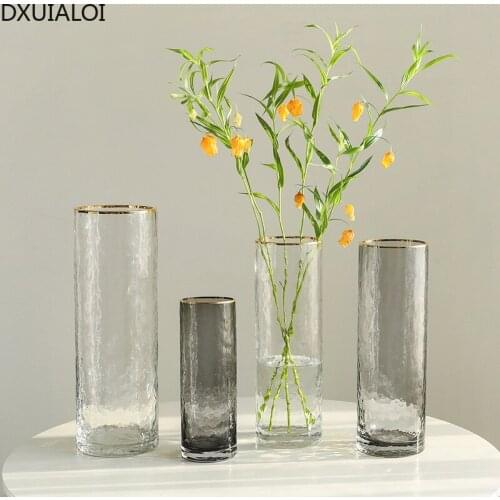 Nordic style gilded cold pattern straight transparent glass vase flower modern minimalist home decor Accessories flower vase