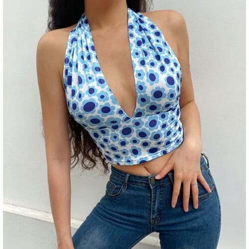 Cropped Top Sleeveless Casual Women Backless Harajuku v Neck Party Camis Y2k Fashion Crop Tops Tee Lace Up Clothes Female Print