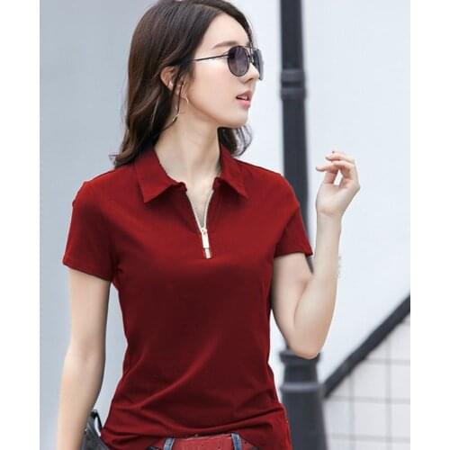 M-4XL Fashion 2020 Summer Womens Short Sleeve Polos Shirts Cotton Solid Color Zipper Casual Ladies Lapel Tees Female Slim Tops