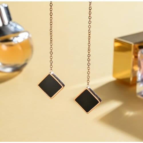 Korean Style Square Black Shell No Fade Stainless Steel Ear Line Women Fashion Trendy Long Chain Drop Earrings Female Jewelry