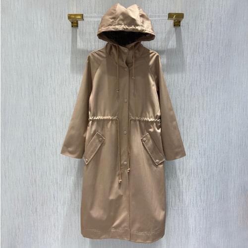 2021 Autumn Winter Womans Trench Solid Coat Hooded Pocket Hign Quality Windbreaker Long Design Coat