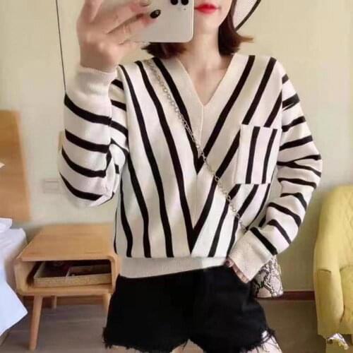 70% Dropshipping!Womens Fashion Fall Long Sleeve V-neck Striped Pocket Loose Sweater Knitted Pullover