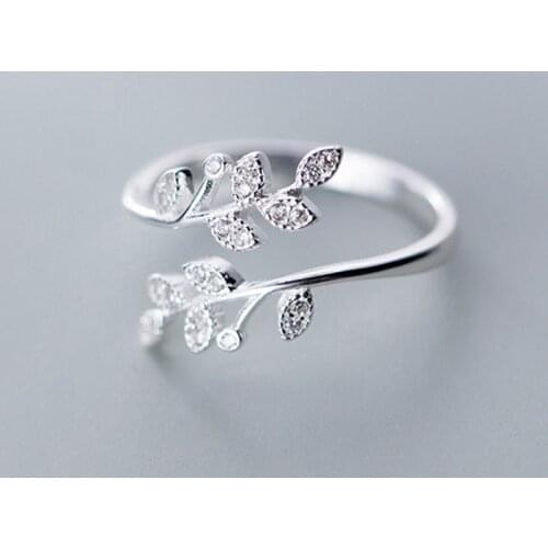 Personality Trendy Crystal Leaf Ring For Women Wedding Jewelry Female Adjustable Retro Silver Plated Rings Anillos Dropshipping