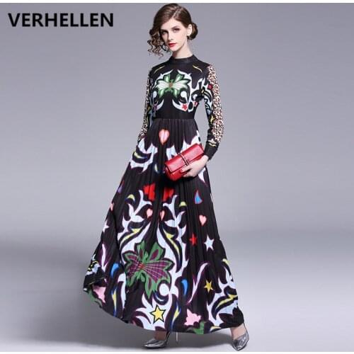 VERHELLEN Autumn 2020 Runway Long Maxi Dress Womens Long Sleeve Charming Floral Patchwork Elegant Vintage Floor Length Dress