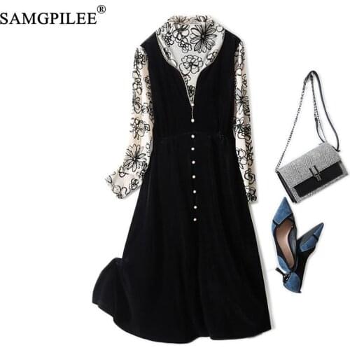 Dress Women Fashion Vestidos 2021 New Office Lady A-line Print Full Sleeve Patchwork Knee-length Turtleneck Autumn Party Dresses