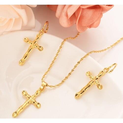 Gold bamboo punk cross Pendant Necklace chain Earrings sets Jewelry Gold Christian jewelry sets for women girl Best Jesus Gifts