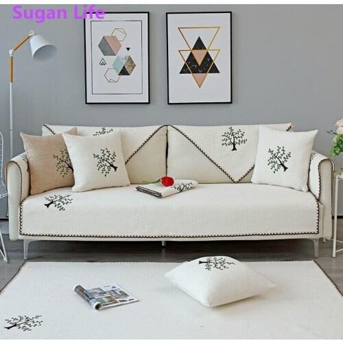 Beige blue gray pastoral tree embroidered cotton padded cotton combined sofa cover for living room sofa bottom sofa cover SF01