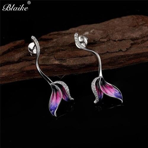 Blaike Creative 925 Sterling Silver Color Flower Stud Earrings For Women Drip Flower Zircon Long Earrings Wedding Party Jewelry