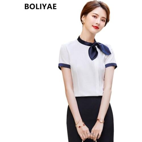 Boliyae 2021 Summer Women Casual Short Sleeve Career Shirts Fashion Office Lady OL Bow Tops White Plus Size Business Blouses