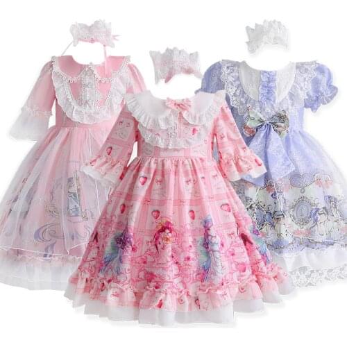 Children Dress 2021 Autumn New Sweet Lace Bowknot Print Spanish Princess Dress For Girls Lolita Dresses Kids Party Evening Dress