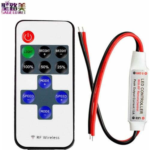 For Single Color 3528 5050 LED Strip Lights tape Mini LED Controller Dimmer with 11 Key RF Wireless Remote Control DC 12~24V 6A