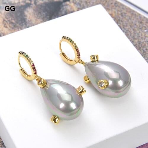 GuaiGuai Jewelry Teardrop Grey Sea Shell Pearl Mixed color Cz Pave hook Earrings