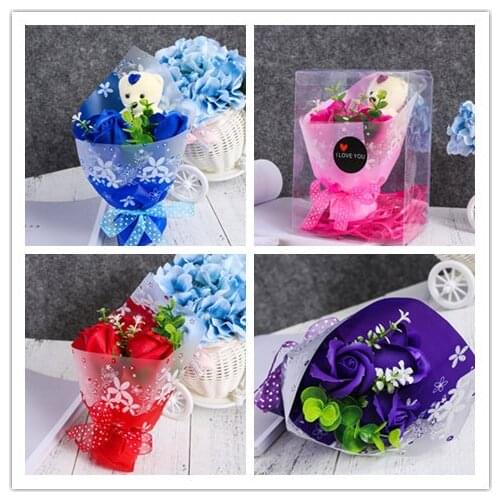 Artificial flower 3 bouquets with foam bear Christmas gift soap flower Valentines Day gift