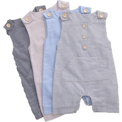 Kids Summer Clothing Newborn Baby Boys Buttons Striped Romper Fashion Boy Sleeveless Rompers Girl Cotton Linen Jumpsuit