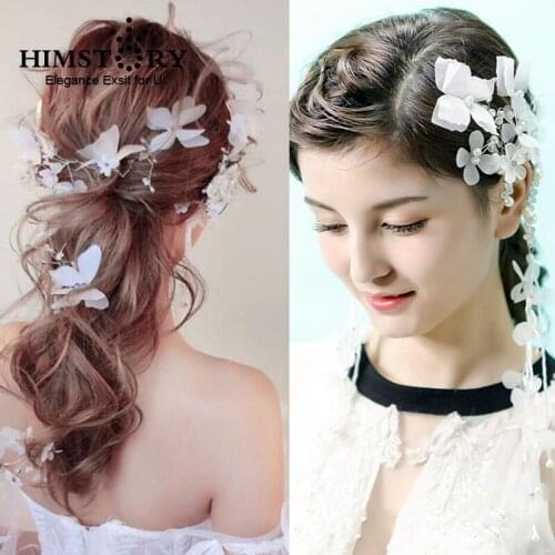 HIMSTORY Handmade White Fairy Butterfly Hairpins Long Ear Cuff Set Elegance Flower Hairclips Ear Wedding Bride Festival Jewelry