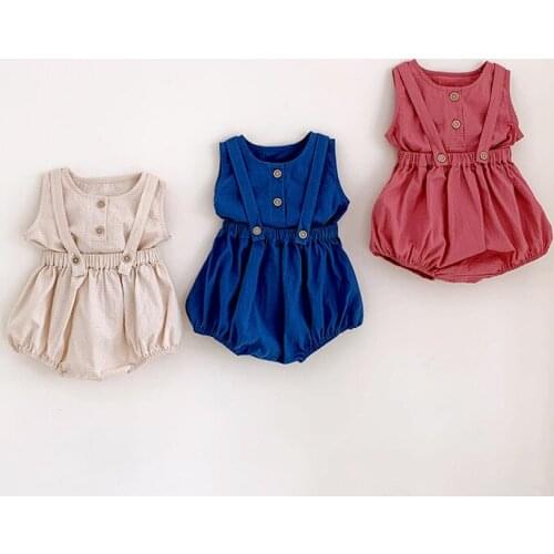 Casual Summer Baby Clothes Set Infant Boy Girl Solid Cotton Thin Sleeveless Bodysuits + Toddler Fashion Suspender Shorts