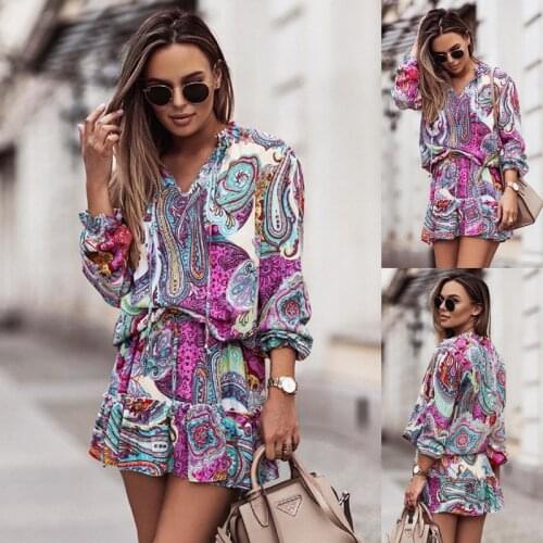 Autumn Ladies Casual Dress Sexy V Neck Floral Print Boho Beach Dresses Ruffle Short Sleeve A Line Mini Dress Wrap Sundress Robe