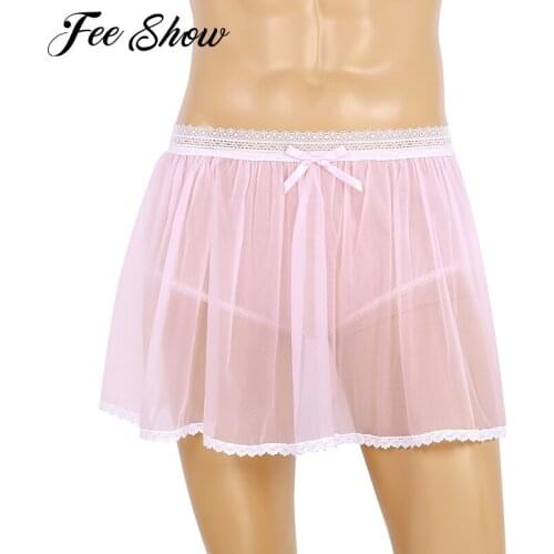Men Adults Exotic Lingerie Briefs Elastic Lace Waist See Through Sheer Ruffled Underpants Sissy Crossdress Short Skirt Panties