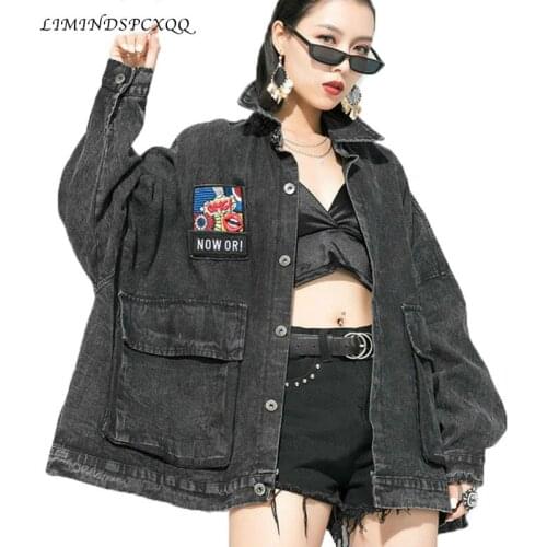 Vefadisa Oversize Embroidery Denim Coat Women 2021 Autumn Big Pocket Denim Jacket Casual Plus Size Women Coat Blue QYF2156