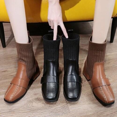 New Women Sock Boots Ladies Low Heels Square Toe Ankle Boots Fabric Stitching Slip On Shoes Non Slip Boots 2021 Autumn Winter