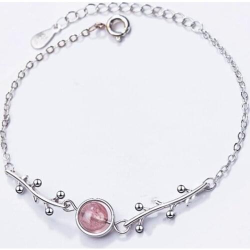 Sole Memory Natural Strawberry Crystal Fresh Sweet Twig Leaves 925 Sterling Silver Female Resizable Bracelets SBR173