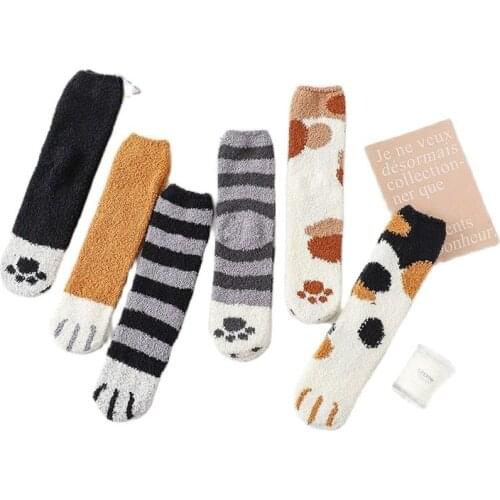 Women Black Casual Cotton short socks Thicken Cashmere Cat paw sock Fluffy funny lady harajuku Warm socken kawaii Animal hot sox