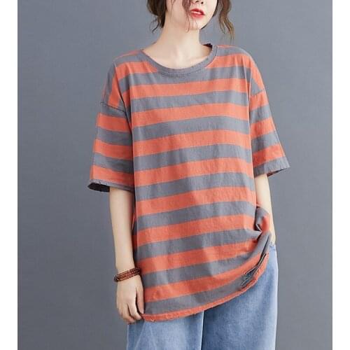 Oversized Women Cotton Casual T-shirts New 2021 Summer Simple Style Vintage Striped Loose Female Short Sleeve Tops Tees B018