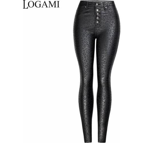 LOGAMI High Waist Leopard Pu Leather Pants Women Button Faux Leather Pants Skinny Woman Trousers