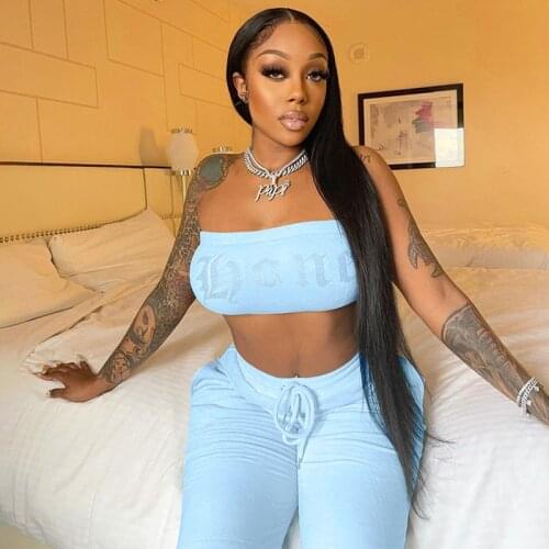 Velvet Rhinestone Letter Print Women Sexy Two Piece Set Tube Crop Top High Waist Wide Leg Pants Tracksuit Sporty 2021 Summer