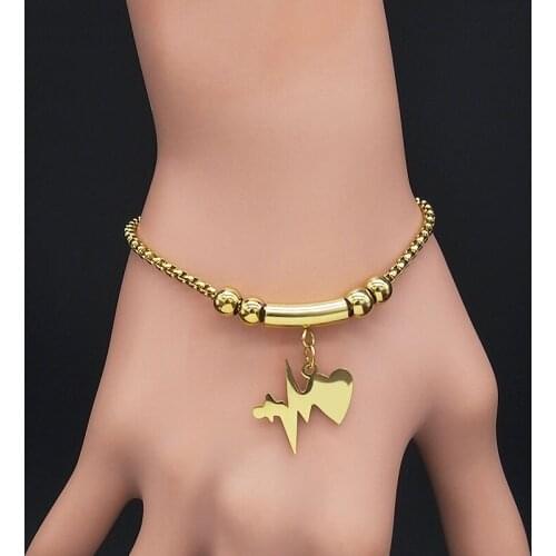 2021 Fashion Heartbeat Stainless Steel Bead Bracelete for Women Gold Color Bracelet Jewellery pulsera mujer B18439