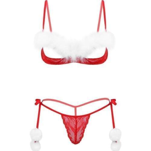 Open Cups Bra Bikini Thongs Womens Sheer Lace Christmas Lingerie Set White Feather Bra Top with G-string Briefs Sexy Cosplay