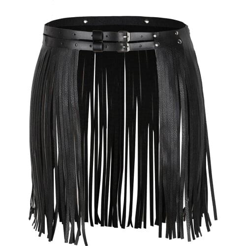 Women Girls Adjustable Faux Leather Waistband Fringe Tassel Skirt Belt for Pole Dance Clubwear Party Costumes Performance Skirt