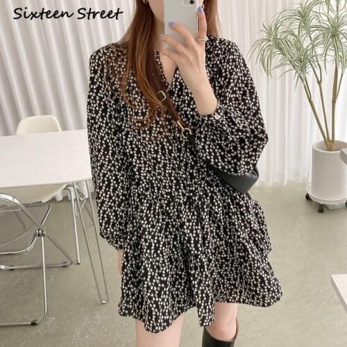 Dresses for Women Chic Autumn Vintage Floral V Neck Puff Sleeve Ruffle Sexy Dress Y2k Vestido De Mujer Korean Clothing Women